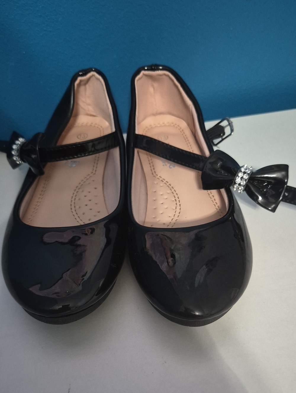 Link Black Patent Mary Jane Shoes with Bow and Rhinestone Accent